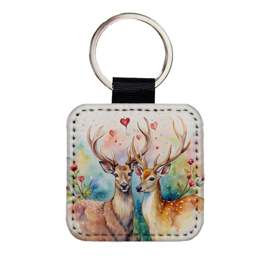 Deer In Love Valentine's Day Square Faux Leather Keychain