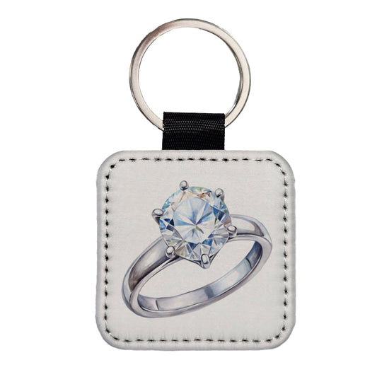 Diamond Ring Engagement Engaged Wedding Proposal Square Faux Leather Keychain