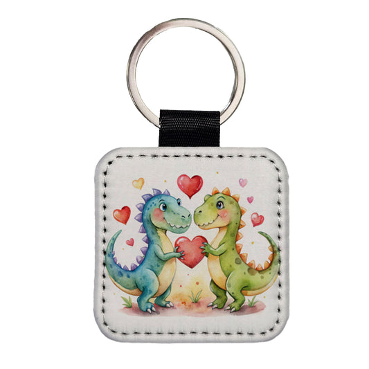 Dinosaurs In Love With Hearts Valentine's Day Square Faux Leather Keychain