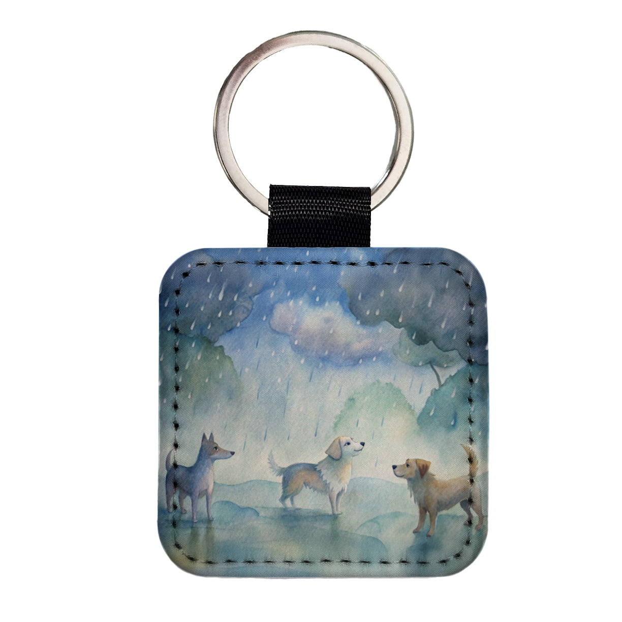 Dogs In The Rain Watercolor Square Faux Leather Keychain