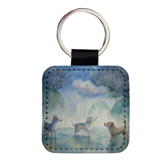 Dogs In The Rain Watercolor Square Faux Leather Keychain