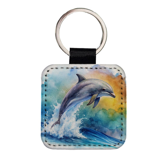 Dolphin Jumping In Ocean Watercolor Square Faux Leather Keychain