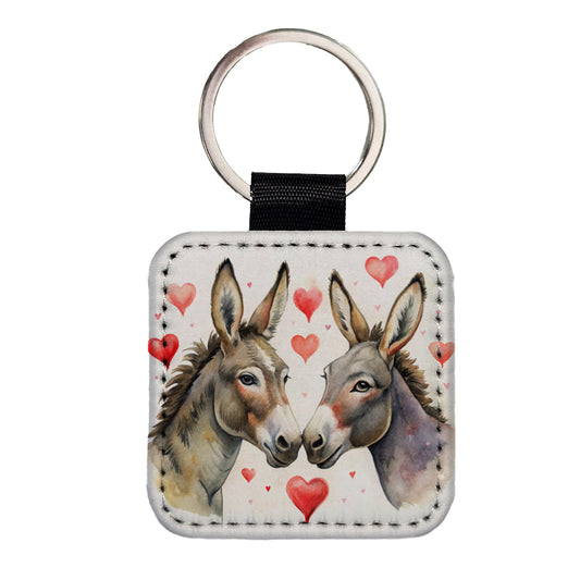 Donkeys In Love With Hearts Valentine's Day Square Faux Leather Keychain