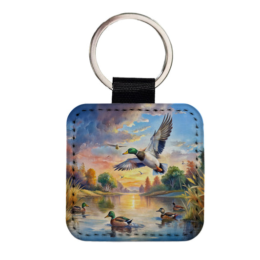Ducks Flying At Sunrise Hunting Watercolor Square Faux Leather Keychain