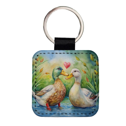 Ducks In Love Heart Valentine's Day Square Faux Leather Keychain