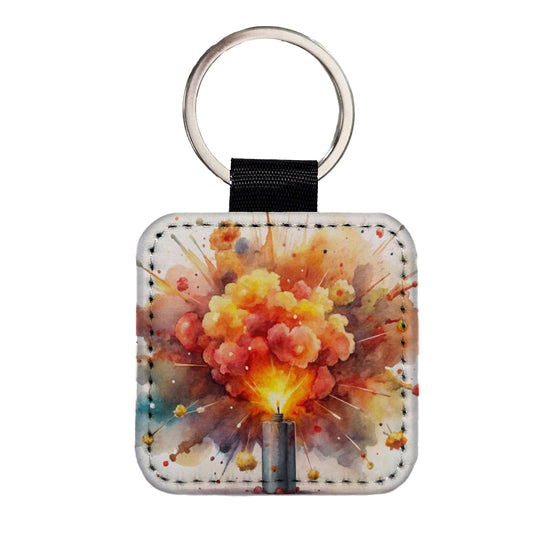 Dynamite Exploding Explosion Watercolor Square Faux Leather Keychain