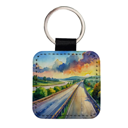 Empty Highway Stretching Into The Distance Watercolor Square Faux Leather Keychain