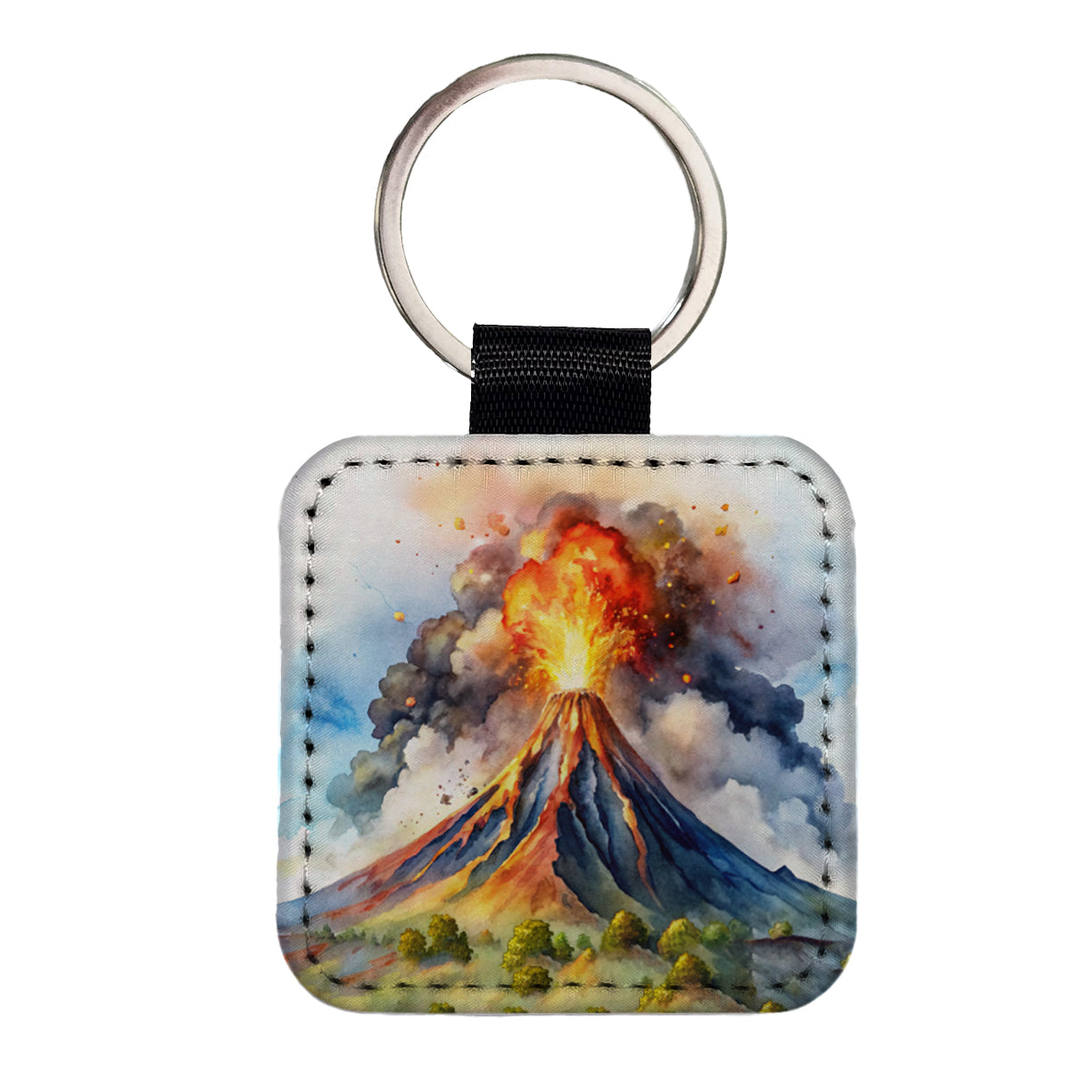 Erupting Volcano Watercolor Square Faux Leather Keychain