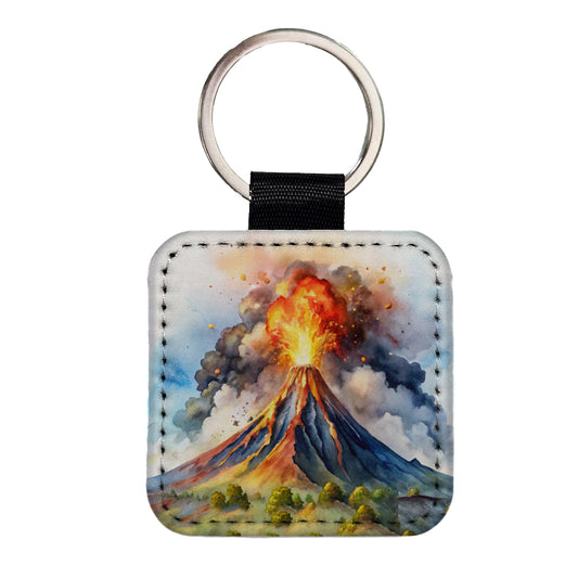Erupting Volcano Watercolor Square Faux Leather Keychain