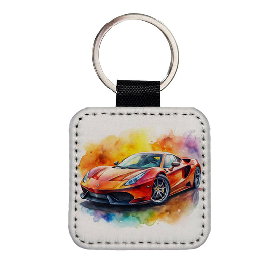 Exotic Supercar Sports Car Watercolor Square Faux Leather Keychain