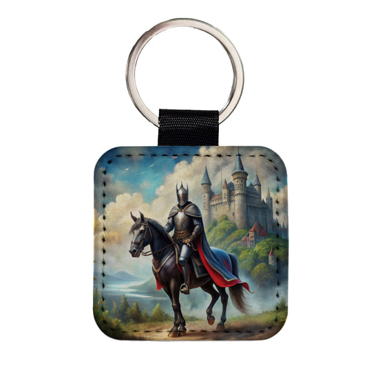 Fantasy Black Knight Astride Horse Outside Castle Watercolor Square Faux Leather Keychain