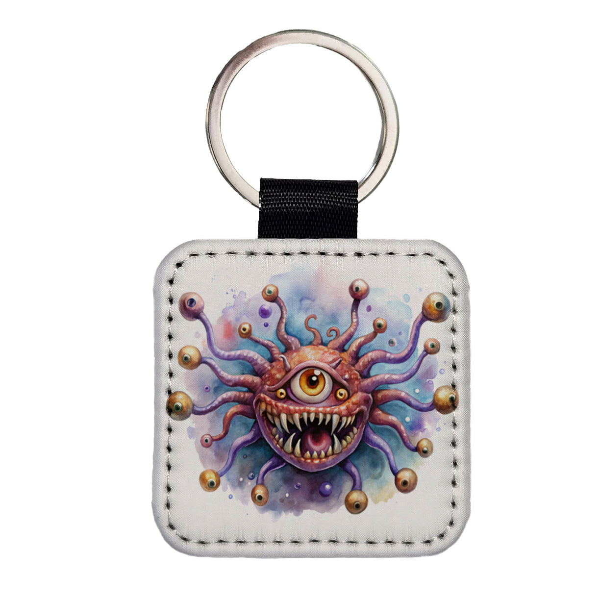 Fantasy Creature Monster Beholder Watercolor Square Faux Leather Keychain