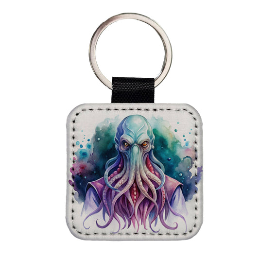 Fantasy Creature Monster Illithid Watercolor Square Faux Leather Keychain