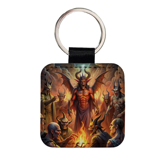 Fantasy Demon Congregation By Firelight Square Faux Leather Keychain