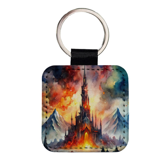 Fantasy Evil Dark Castle Watercolor Square Faux Leather Keychain