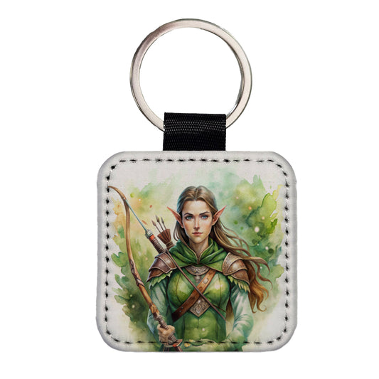 Fantasy Female Elven Ranger Watercolor Square Faux Leather Keychain