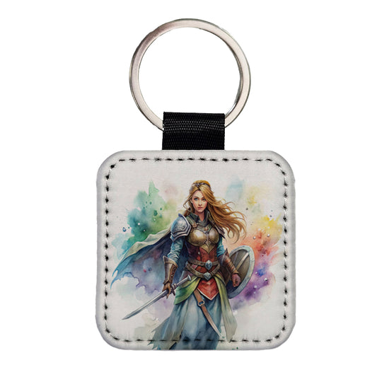 Fantasy Female Fighter Sword Shield-maiden Watercolor Square Faux Leather Keychain