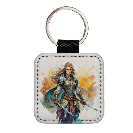 Fantasy Female Fighter Warrior Shield-maiden Watercolor Square Faux Leather Keychain