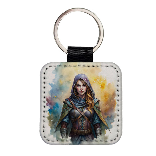 Fantasy Female Thief Rogue Watercolor Square Faux Leather Keychain