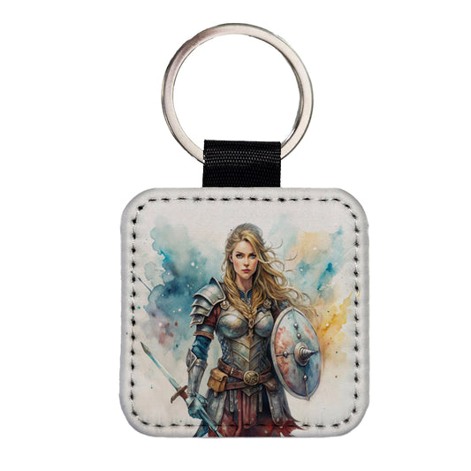 Fantasy Female Warrior Knight Watercolor Square Faux Leather Keychain