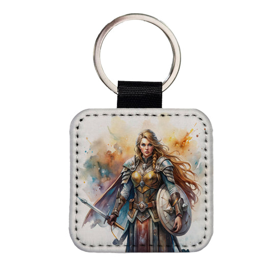 Fantasy Female Warrior Paladin Watercolor Square Faux Leather Keychain