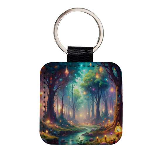 Fantasy Forest With Glowing Sprites Fae Spirits Watercolor Square Faux Leather Keychain