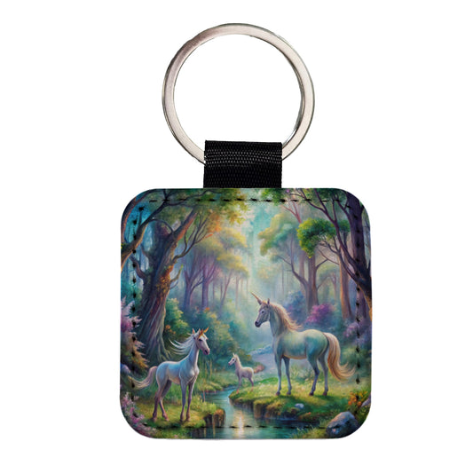 Fantasy Forest With Magical Unicorns Watercolor Square Faux Leather Keychain