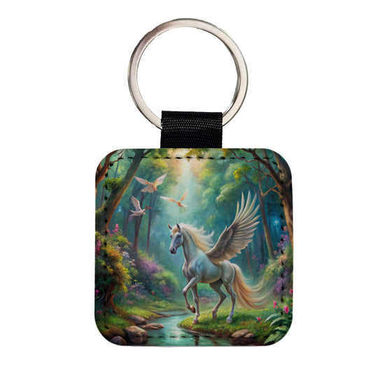 Fantasy Forest With Pegasus Winged-stallion Watercolor Square Faux Leather Keychain