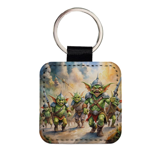 Fantasy Goblins Monsters Going To War Watercolor Square Faux Leather Keychain