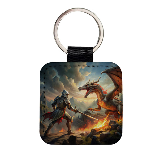 Fantasy Knight Fighting A Fire-breathing Dragon Square Faux Leather Keychain