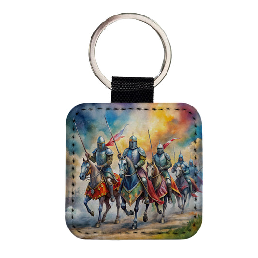 Fantasy Knights Riding To War Watercolor Square Faux Leather Keychain