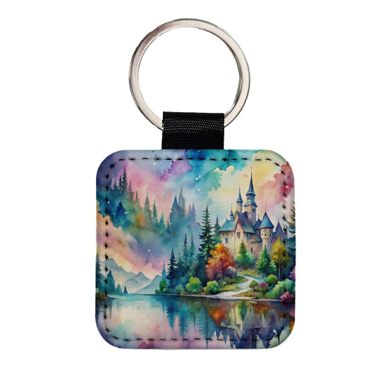 Fantasy Lake And Castle Scene Watercolor Square Faux Leather Keychain