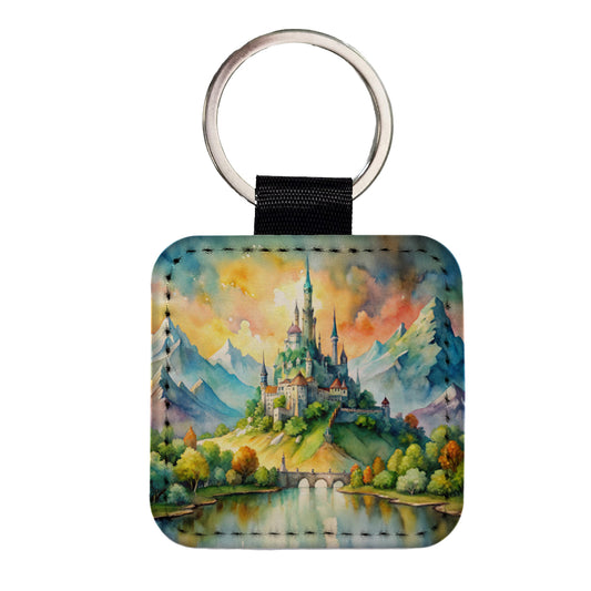 Fantasy Magical Castle On A Hill Watercolor Square Faux Leather Keychain