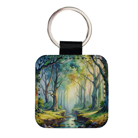 Fantasy Misty Forest Stream And Trees Watercolor Square Faux Leather Keychain