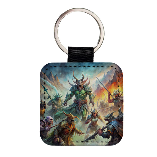 Fantasy Monsters In Battle Watercolor Square Faux Leather Keychain