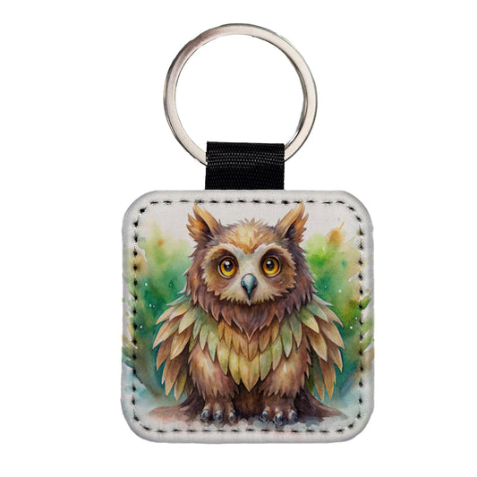 Fantasy Owl Bear Owlbear Green Background Watercolor Square Faux Leather Keychain