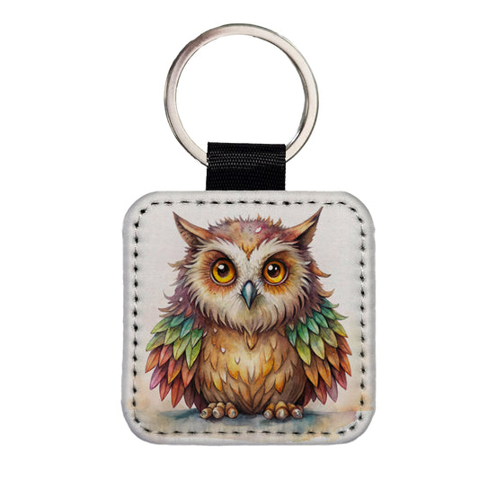 Fantasy Owlbear Owl Bear Colorful Wings Watercolor Square Faux Leather Keychain