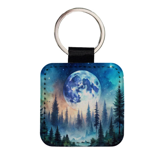 Fantasy Sci-fi World Moon Rising Over Forest Square Faux Leather Keychain
