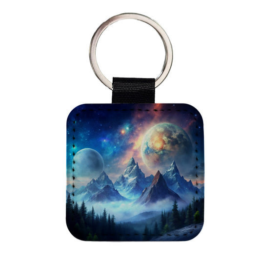 Fantasy Sci-fi World Moons Rising Over Mountains Watercolor Square Faux Leather Keychain