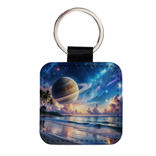 Fantasy Sci-fi World Saturn Rising Over Beach Square Faux Leather Keychain
