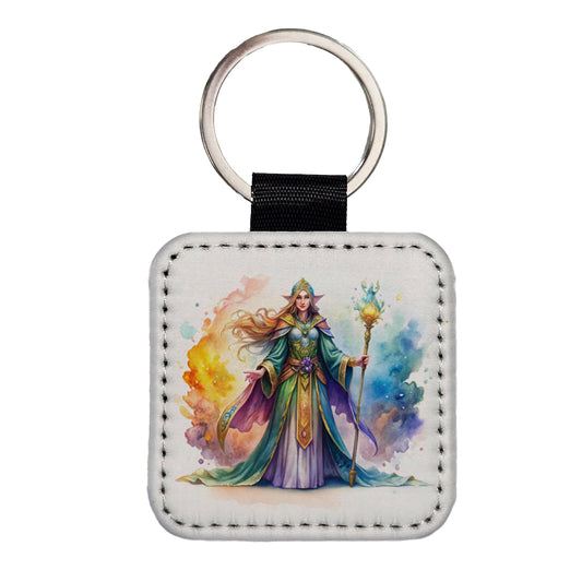 Fantasy Sorceress Colorful Magic Mana Watercolor Square Faux Leather Keychain