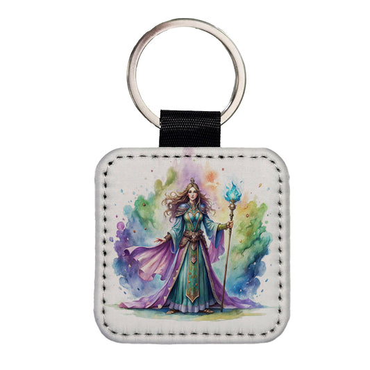 Fantasy Sorceress Purple Blue Magic Mana Watercolor Square Faux Leather Keychain