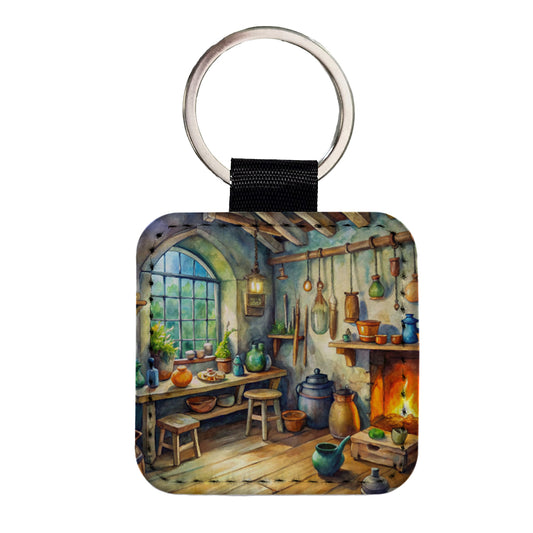 Fantasy Witch's Workshop Watercolor Square Faux Leather Keychain