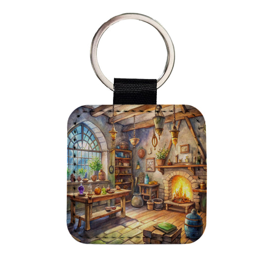 Fantasy Wizard's Sorcerer's Workshop Watercolor Square Faux Leather Keychain