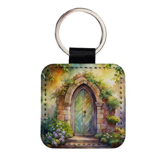 Fantasy World Doorway Fairy Gnome Elven Watercolor Square Faux Leather Keychain