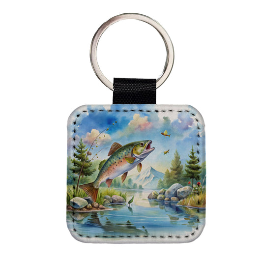 Fish Jumping Stream Lake Fishing Watercolor Square Faux Leather Keychain