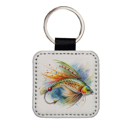 Fishing Lure Flies Watercolor Square Faux Leather Keychain