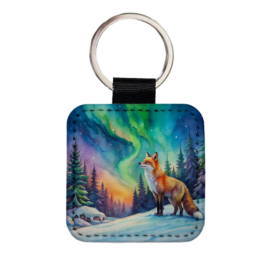 Fox And Northern Lights Watercolor Square Faux Leather Keychain