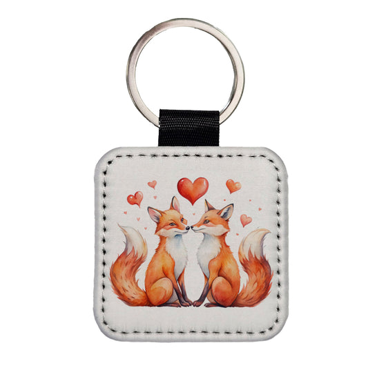 Foxes In Love With Hearts Valentine's Day Square Faux Leather Keychain