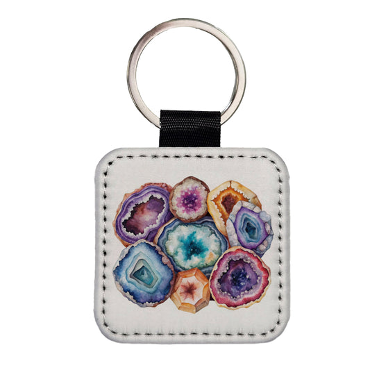 Geode Volcanic Crystals Cut Open Watercolor Square Faux Leather Keychain